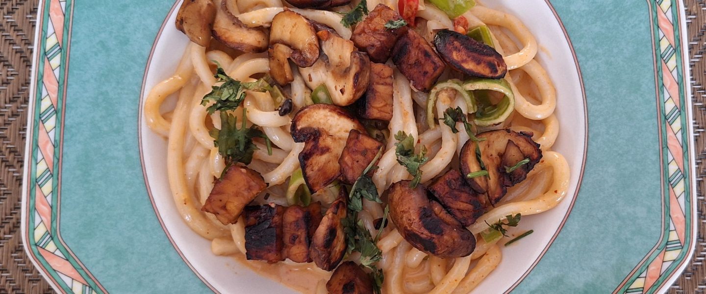 Udon Nudeln mit knusprigem Tempeh in Curry Kokossoße Vegan